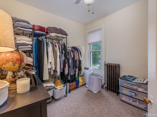 walk in closet featuring carpet flooring, radiator heating unit, and ceiling fan