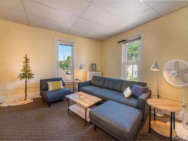 living room featuring carpet flooring, a drop ceiling, and radiator heating unit