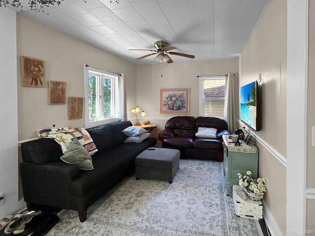 living room with ceiling fan