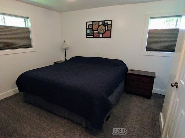 bedroom with dark carpet and multiple windows