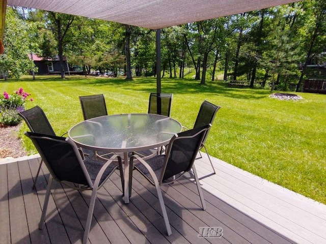 wooden terrace featuring a yard