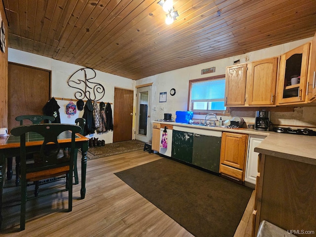 kitchen with gas cooktop, sink, light hardwood / wood-style floors, and wood ceiling