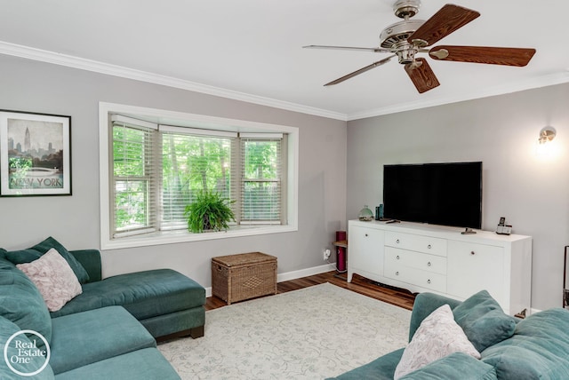 living room featuring ceiling fan, ornamental molding, and light wood-type flooring