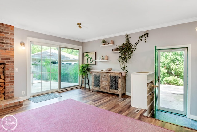 doorway featuring a healthy amount of sunlight, ornamental molding, and light hardwood / wood-style flooring