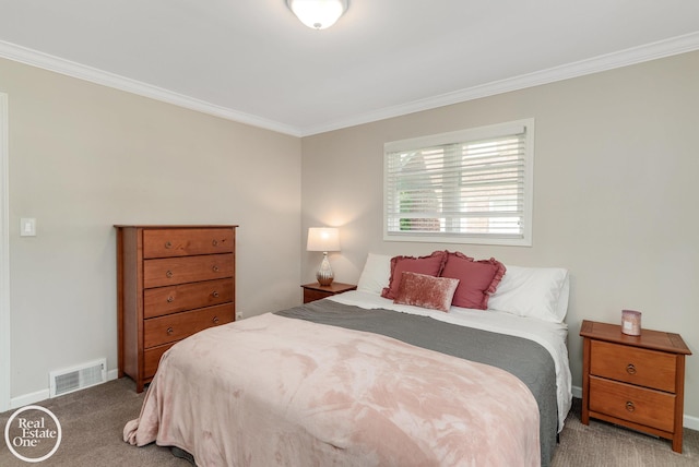 carpeted bedroom with ornamental molding