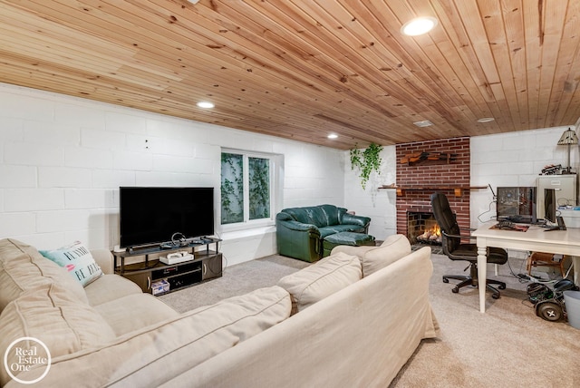 carpeted living room featuring a fireplace and wood ceiling