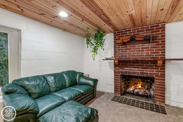 living room with carpet flooring, a fireplace, and wood ceiling