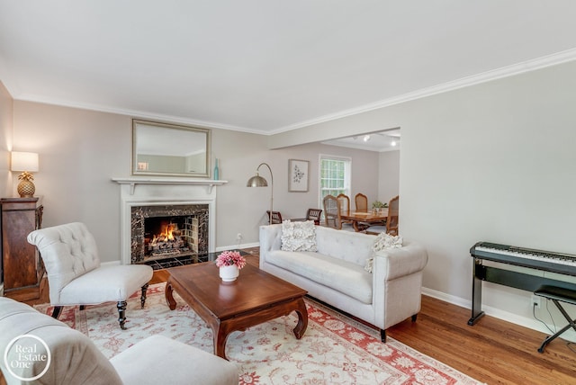 living room with a high end fireplace, light wood-type flooring, and ornamental molding