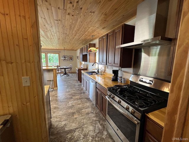 kitchen with wall chimney exhaust hood, sink, hanging light fixtures, wooden ceiling, and stainless steel appliances