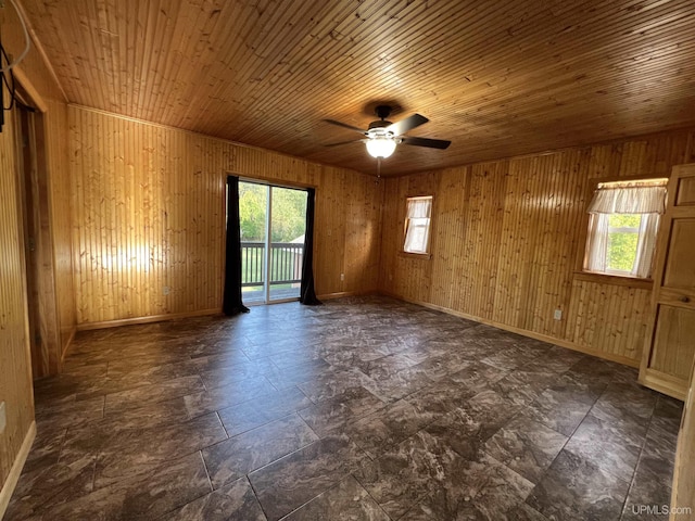 spare room with wood ceiling, ceiling fan, plenty of natural light, and wooden walls