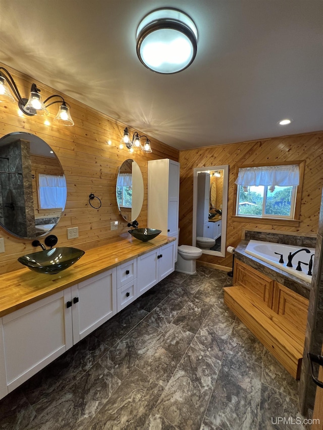 bathroom with vanity, a bathtub, wooden walls, and toilet