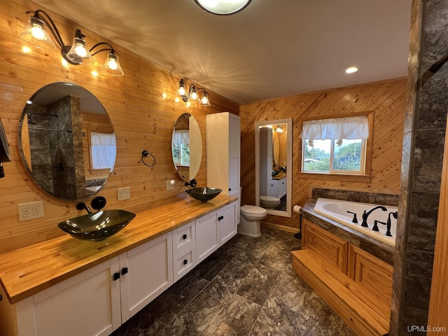 bathroom featuring vanity, a bathtub, toilet, and wood walls