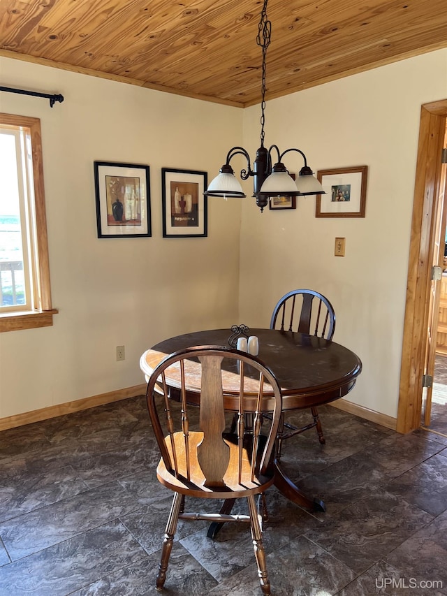 dining space featuring wooden ceiling and a chandelier