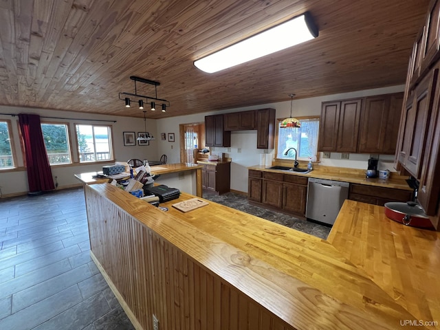 kitchen featuring pendant lighting, sink, wood ceiling, wood counters, and stainless steel dishwasher