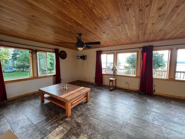 unfurnished dining area featuring wooden ceiling and ceiling fan