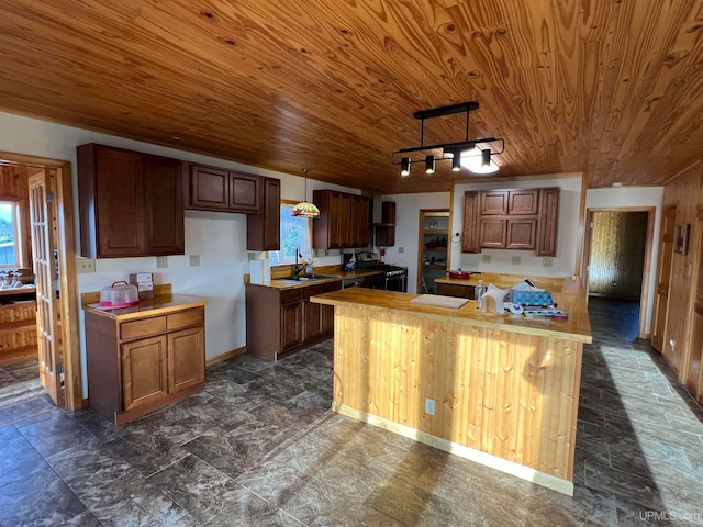 kitchen featuring butcher block counters, sink, hanging light fixtures, wood ceiling, and electric stove