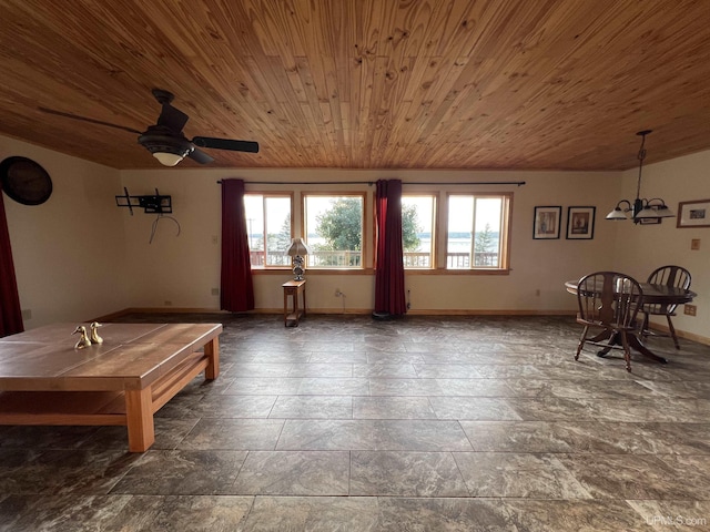 unfurnished dining area with wood ceiling and a chandelier