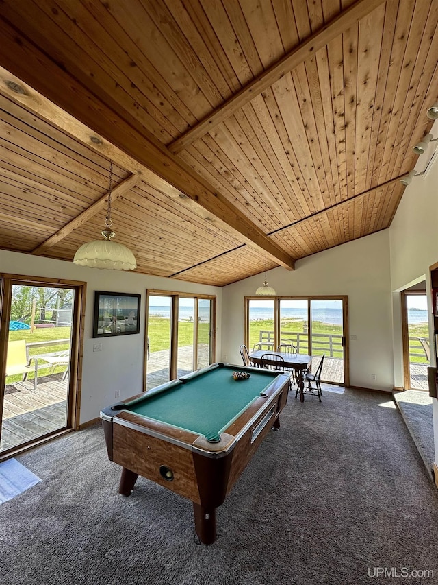 playroom with vaulted ceiling with beams, wood ceiling, and carpet