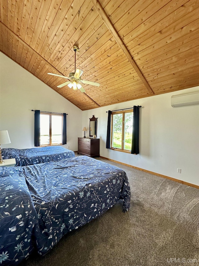 unfurnished bedroom featuring an AC wall unit, lofted ceiling, carpet, ceiling fan, and wood ceiling