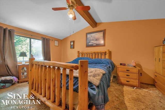 bedroom with ceiling fan, lofted ceiling with beams, and light colored carpet