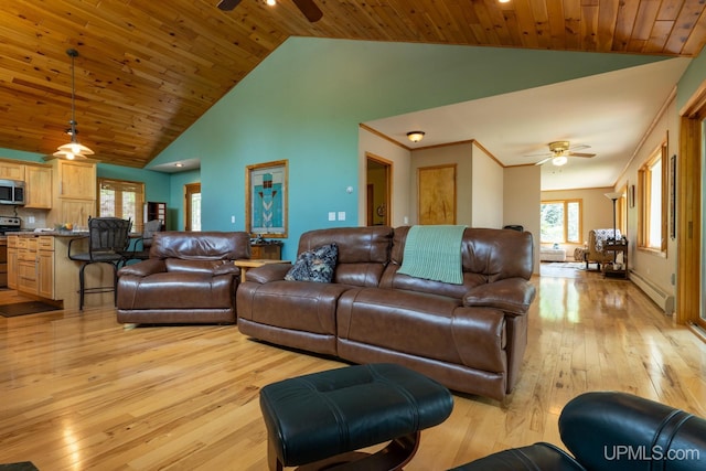 living room with high vaulted ceiling, wooden ceiling, a baseboard heating unit, and light hardwood / wood-style floors