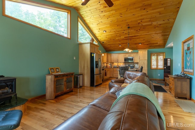 living room featuring wooden ceiling, light wood-type flooring, ceiling fan, high vaulted ceiling, and a wood stove