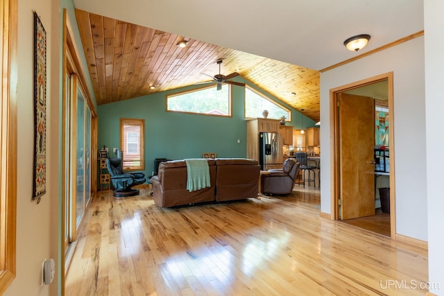 living room with high vaulted ceiling, ceiling fan, light wood-type flooring, and wood ceiling