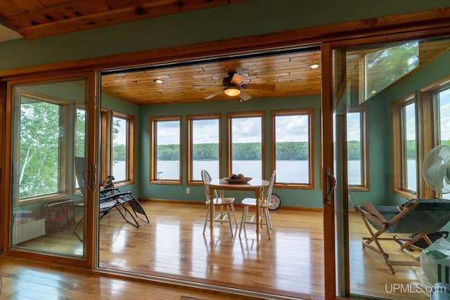 sunroom with ceiling fan, a water view, and wooden ceiling