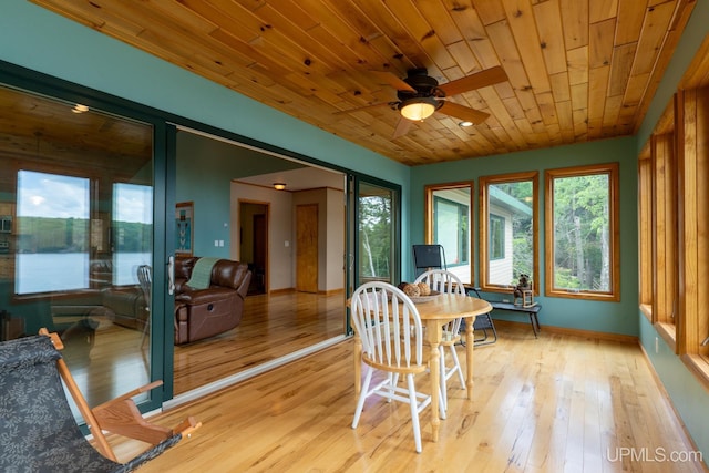 sunroom / solarium with ceiling fan and wood ceiling