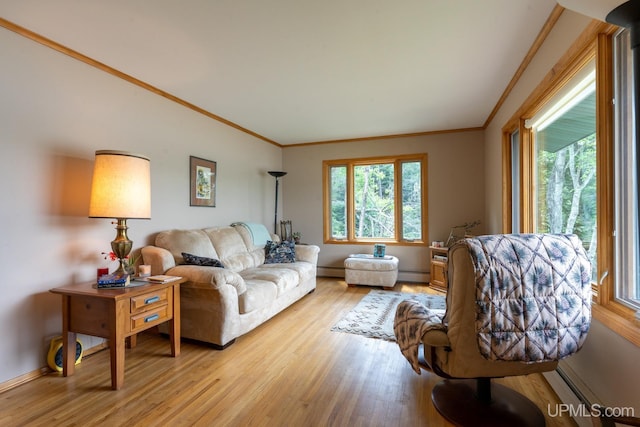 living room featuring baseboard heating, light hardwood / wood-style flooring, and a wealth of natural light