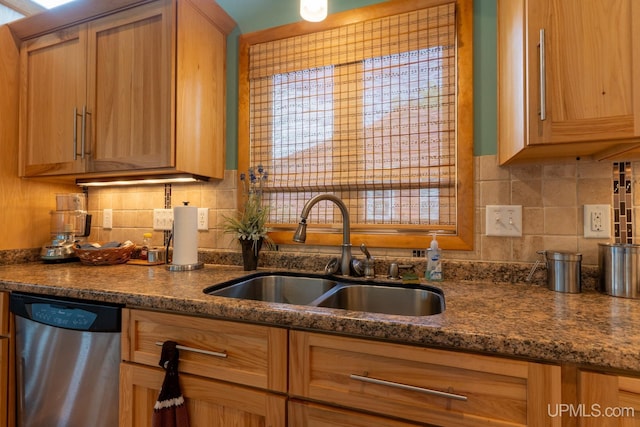 kitchen with sink, dark stone counters, stainless steel dishwasher, and decorative backsplash