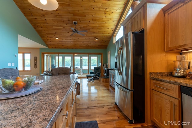 kitchen with wood ceiling, stainless steel appliances, ceiling fan, light hardwood / wood-style flooring, and lofted ceiling