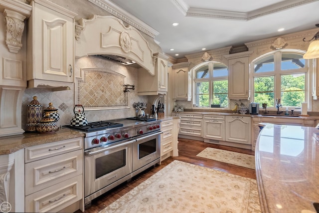 kitchen featuring sink, custom exhaust hood, double oven range, a tray ceiling, and dark hardwood / wood-style flooring