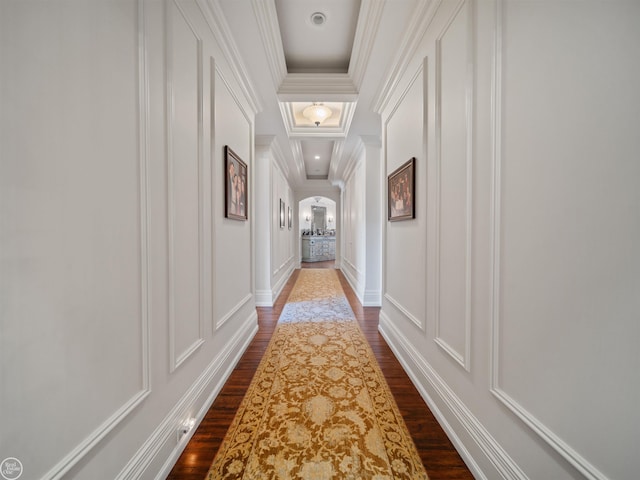 corridor featuring crown molding and dark hardwood / wood-style flooring