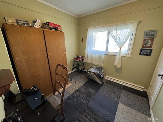 interior space with baseboard heating and ornamental molding