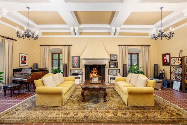 tiled living room with a fireplace, a healthy amount of sunlight, and a notable chandelier