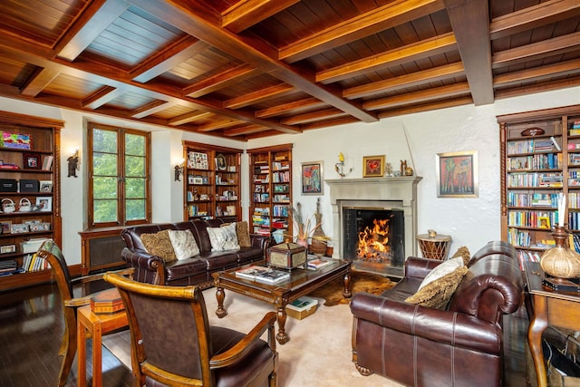 living room with beamed ceiling and wood ceiling