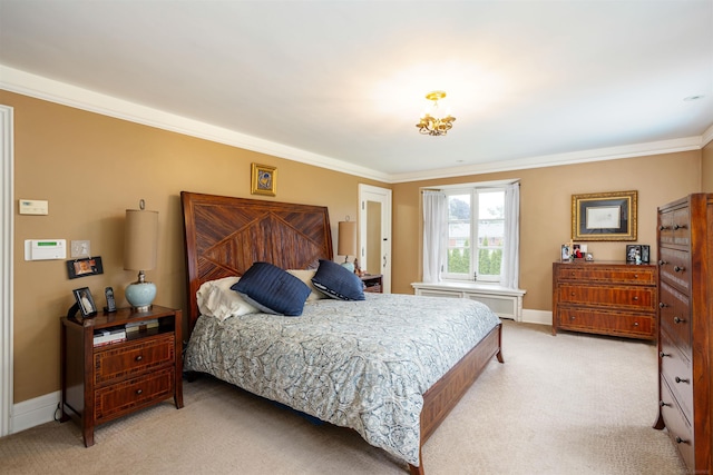 bedroom with light carpet and crown molding