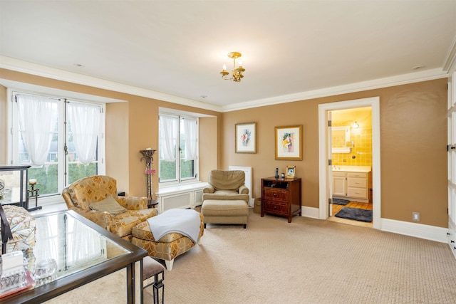 living area with crown molding and light colored carpet