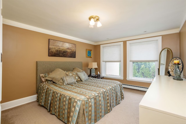 bedroom with light carpet, crown molding, and a baseboard radiator