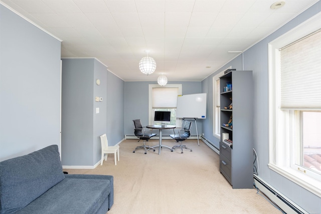 carpeted office space with a baseboard radiator