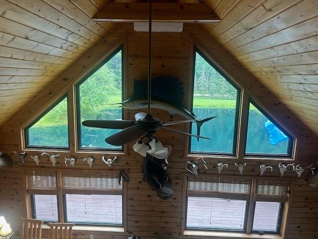 interior details featuring wood walls, wooden ceiling, and ceiling fan