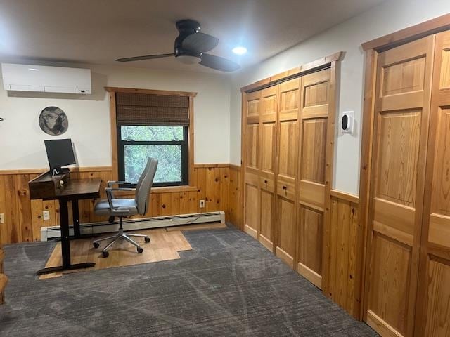 office with a wall mounted AC, ceiling fan, and baseboard heating