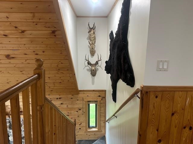 staircase featuring wooden walls