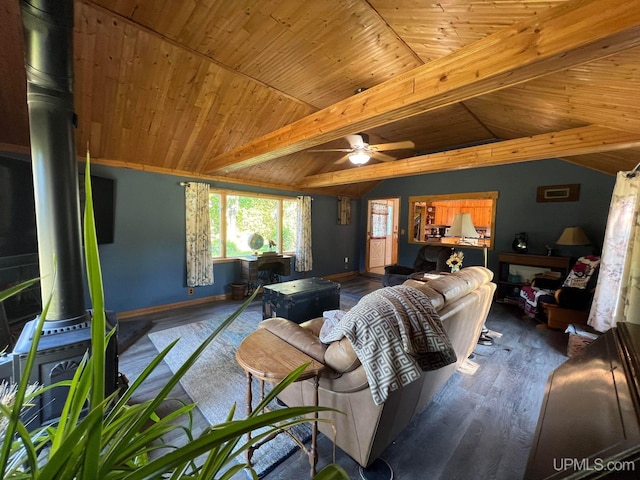 living area with vaulted ceiling with beams, dark wood-style floors, wood ceiling, and baseboards