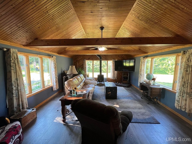 living room featuring dark wood-style floors, wood ceiling, vaulted ceiling with beams, and baseboards