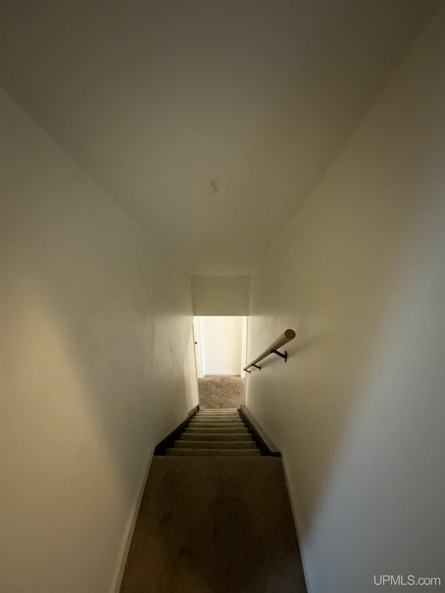 stairway featuring carpet flooring and baseboards