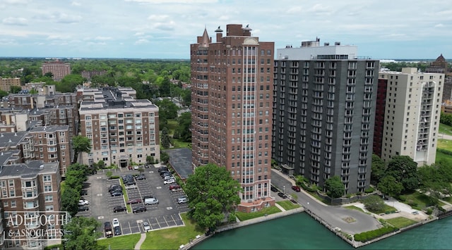 aerial view featuring a water view and a city view