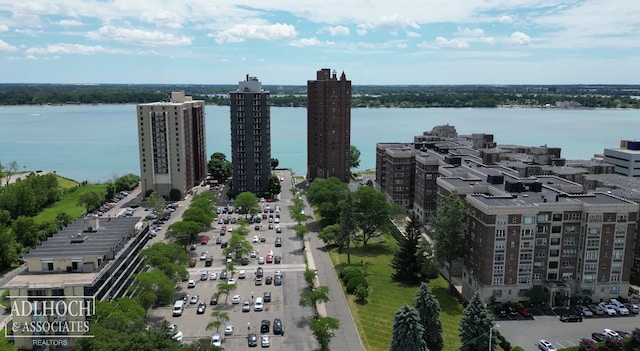 bird's eye view with a water view