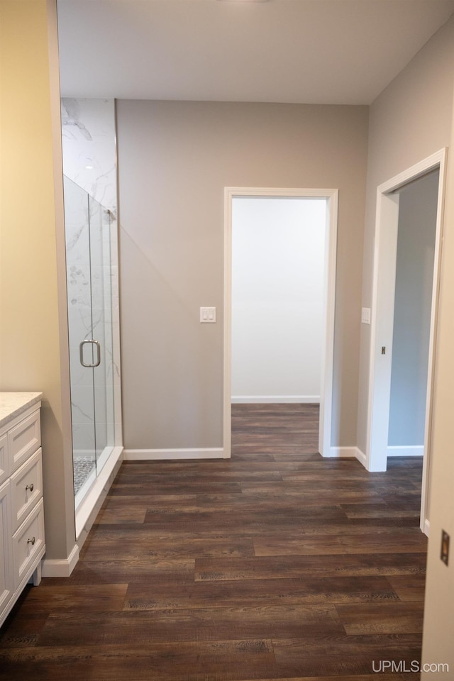 bathroom featuring hardwood / wood-style floors, walk in shower, and vanity